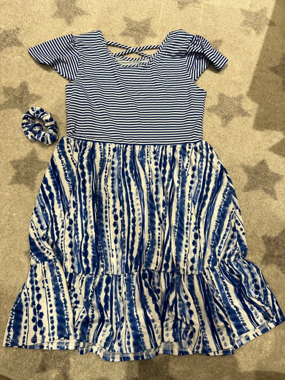 Blush Blue & White Striped Top Tie-Dye Tiered Dress with Scrunchie
